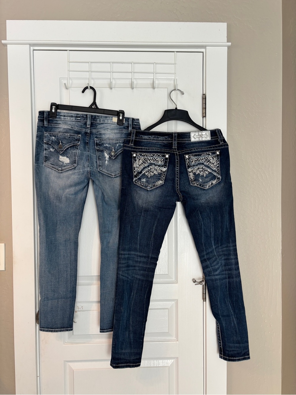 Miss Me Dark Blue & Medium Wash Skinny Jeans with Embellished Back Pockets. 28”